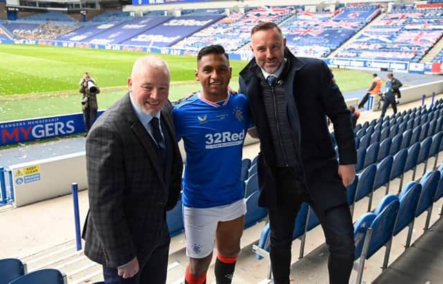 Former Rangers striker and manager Ally McCoist (left) with Alfredo Morelos (centre) and Kris Boyd after the Ibrox club's Premiership trophy day celebrations in May. (Photo by Rob Casey / SNS Group)