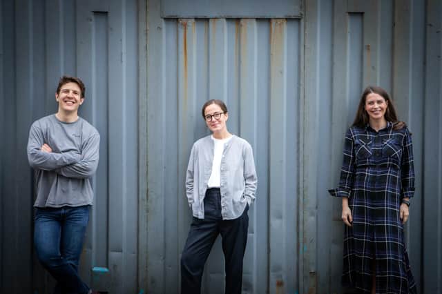 Story Shop co-founders Gregor and Scarlett Hollerin (far right) with the firm's first hire, Lara-Louisa Winnington-Ingram (centre). Picture: contributed.