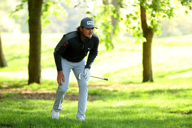 Eddie Pepperell prepares to play his second shot on the 17th hole during the third round of The Betfred British Masters hosted by Danny Willett at The Belfry. Picture: Richard Heathcote/Getty Images.