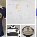 Clockwise from left: The Scotland jersey of Kenny Dalglish, a drawing by Muhammad Ali, Derek Johnstone's Rangers top from the 1972 Cup-Winners' Cup final, Dalglish's Celtic shirt, a Scotland cap won by William McCartney and Sandy Carmichael's Barbarians jersey will all go under the hammer at the Graham Budd Scottish Sporting Memorabilia Auction on April 10.