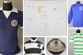 Clockwise from left: The Scotland jersey of Kenny Dalglish, a drawing by Muhammad Ali, Derek Johnstone's Rangers top from the 1972 Cup-Winners' Cup final, Dalglish's Celtic shirt, a Scotland cap won by William McCartney and Sandy Carmichael's Barbarians jersey will all go under the hammer at the Graham Budd Scottish Sporting Memorabilia Auction on April 10.