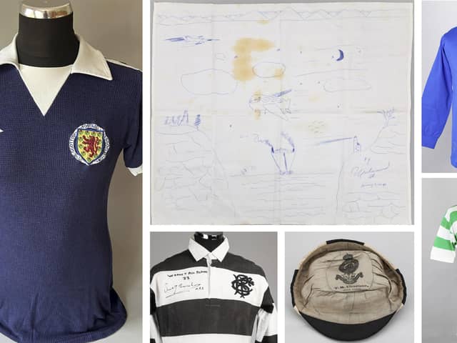 Clockwise from left: The Scotland jersey of Kenny Dalglish, a drawing by Muhammad Ali, Derek Johnstone's Rangers top from the 1972 Cup-Winners' Cup final, Dalglish's Celtic shirt, a Scotland cap won by William McCartney and Sandy Carmichael's Barbarians jersey will all go under the hammer at the Graham Budd Scottish Sporting Memorabilia Auction on April 10.