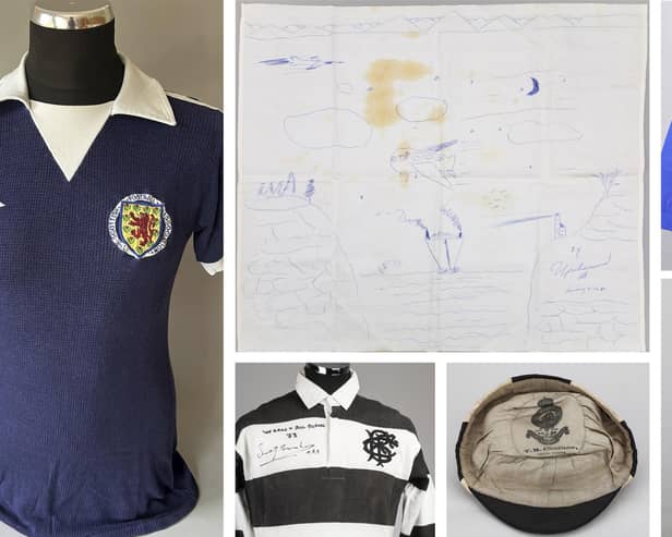 Clockwise from left: The Scotland jersey of Kenny Dalglish, a drawing by Muhammad Ali, Derek Johnstone's Rangers top from the 1972 Cup-Winners' Cup final, Dalglish's Celtic shirt, a Scotland cap won by William McCartney and Sandy Carmichael's Barbarians jersey will all go under the hammer at the Graham Budd Scottish Sporting Memorabilia Auction on April 10.