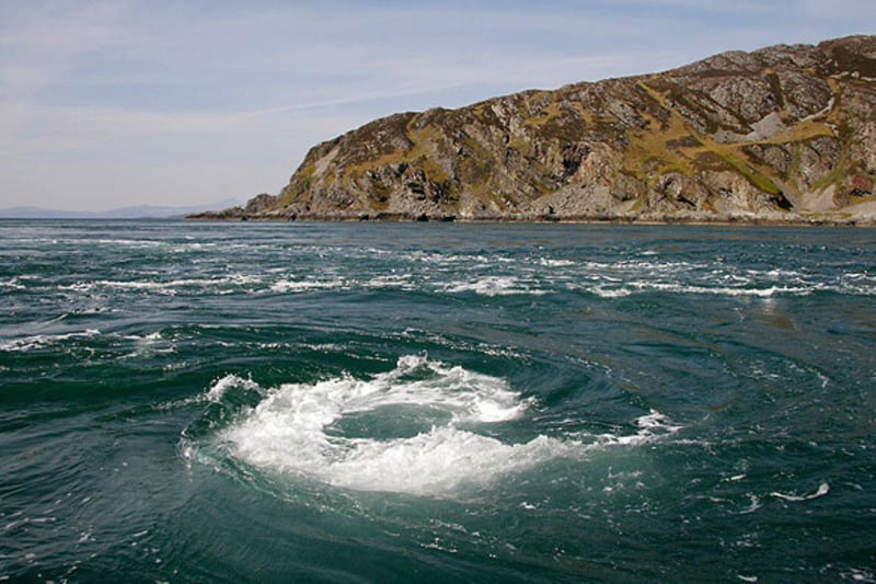 Visit Scotland calls it “It is one of the largest permanent whirlpools on earth and one of the most dangerous stretches of water around the British Isles.” You can find it churning water between the Scottish islands of Scarba and Jura.