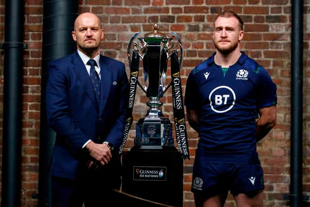 Scotland head coach Gregor Townsend and captain Stuart Hogg with the Six Nations Championship trophy (Photo by TOLGA AKMEN/AFP via Getty Images)