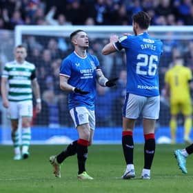 Rangers' Ryan Kent, left, celebrates his goal with Ben Davies.
