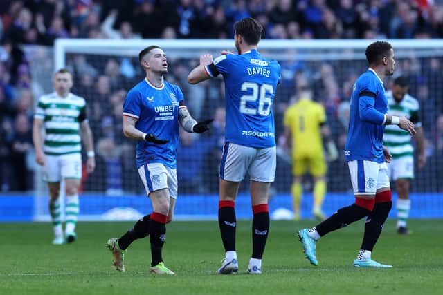 Rangers' Ryan Kent, left, celebrates his goal with Ben Davies.