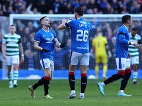 Rangers' Ryan Kent, left, celebrates his goal with Ben Davies.
