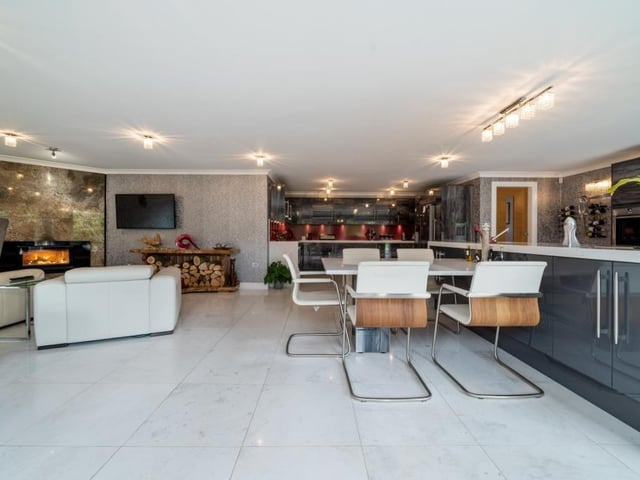 Kitchen, dining and living area.