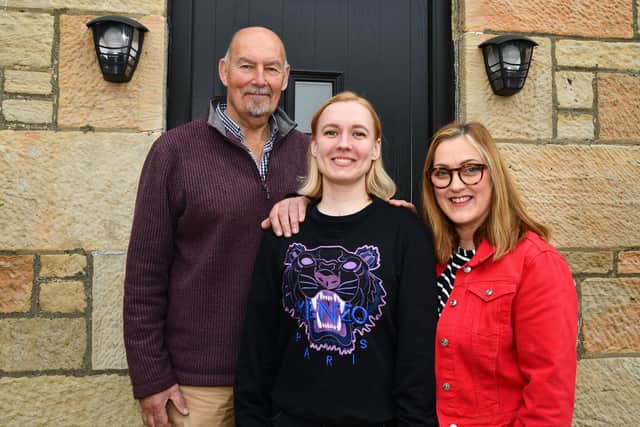 Natasha Matiusha outside the Bonnybridge home of her future in-laws Helen and Donald MacKinven.