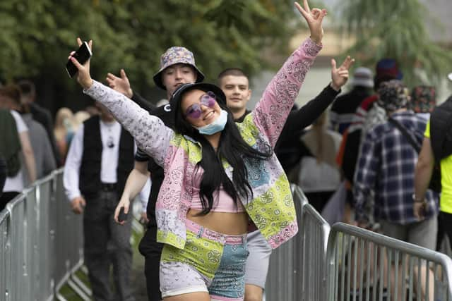 Revellers arrive at TRNSMT Festival at Glasgow Green in Glasgow.