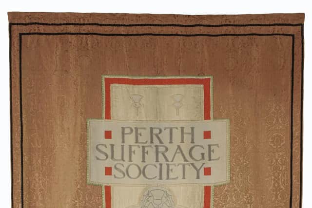 National Union of Women’s Suffrage Society Banner, designed by President of Perth Suffrage Society,  Mrs Scott Murray and Miss Fleming. Made around 1900, the banner is linked to unrest in the city as suffragettes were imprisoned in Perth Prison and force fed. PIC: Perth Museum.