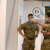 Military personnel, who are assisting with the vaccination programme, at the Royal Highland Showground near Edinburgh.