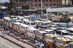 Coaches wait to enter the Port of Dover during a weekend of lengthy delays for passengers (Picture: Andrew Matthews/PA)