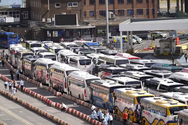 Coaches wait to enter the Port of Dover during a weekend of lengthy delays for passengers (Picture: Andrew Matthews/PA)