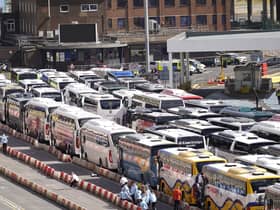 Coaches wait to enter the Port of Dover during a weekend of lengthy delays for passengers (Picture: Andrew Matthews/PA)