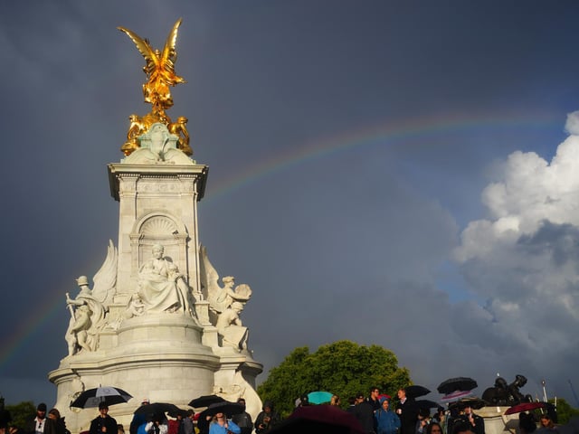 A rainbow over Queen Victoria Memorial, as members of the public gather outside Buckingham Palace in central London. Queen Elizabeth II is under medical supervision with the royal family rushing to be by her side amid serious health fears.