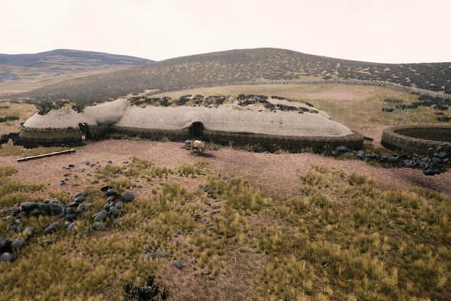 The lost Pictish settlement at Lair, Glen Shee, has been reconstructed in virtual reality to extraordinary effect. Reconstruction by Jack Horsburgh, still image courtesy of Perth and Kinross Heritage Trust.