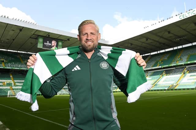 New Celtic goalkeeper Kasper Schmeichel is unveiled to the media during a press conference at Celtic Park.