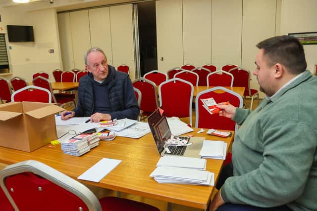 Tickets for the big Scottish Cup Game against Hearts are being allocated. Gordon Hulse, Child Wellbeing and Protection Officer, and Klye Patterson Match Day Announcer (right) at work on the tickets. Pic: Scott Louden
