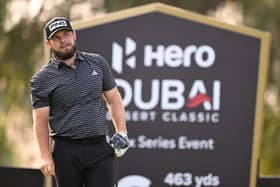 Tyrrell Hatton tees off on the 16th hole on day two of the Hero Dubai Desert Classic at Emirates Golf Club. Picture: Ross Kinnaird/Getty Images.