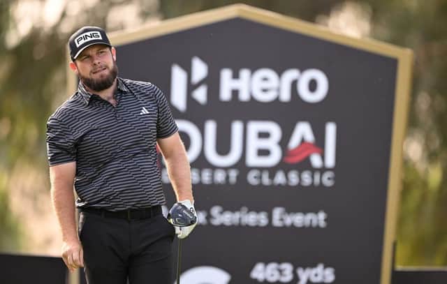 Tyrrell Hatton tees off on the 16th hole on day two of the Hero Dubai Desert Classic at Emirates Golf Club. Picture: Ross Kinnaird/Getty Images.