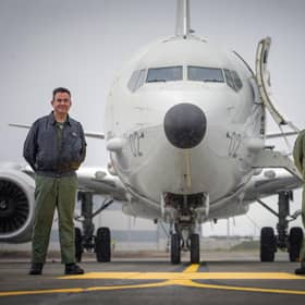 Group Captain Chris Layden station commander (left) and Wing Commander James Hanson, in front of the first of the Poseidon MRA1 plane, intended for submarine-hunting and the tracking of maritime targets, to arrive at RAF Lossiemouth, Moray