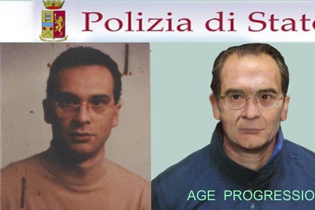 A composite picture showing a computer generated image released by tihe Italian Police, right, and a picture of Mafia top boss Matteo Messina Denaro. Italian police say Monday, Jan. 16, 2023, they arrested Italy's No. 1 fugitive, Sicilian Mafia boss Matteo Messina Denaro, on run for 30 years. (Italian Police, LaPresse via AP)