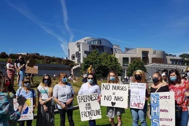 Edinburgh NHS workers protest outside the Scottish Parliament on Saturday, August 8 to demand a 15 per cent pay rise for healthcare staff