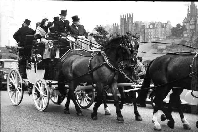 In August 1962 the Edinburgh International Festival took over Murrayfield Ice Rink to stage a ballet version of the medieval play 'The Four Sons of Aymon'. Lord Provost Sir John G Dunbar and Lady Provost are pictured travelling to the opening night in a Gilby coach-and-four horse drawn carriage from the City Chambers.