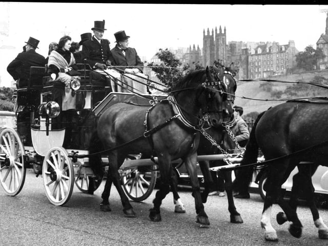 In August 1962 the Edinburgh International Festival took over Murrayfield Ice Rink to stage a ballet version of the medieval play 'The Four Sons of Aymon'. Lord Provost Sir John G Dunbar and Lady Provost are pictured travelling to the opening night in a Gilby coach-and-four horse drawn carriage from the City Chambers.