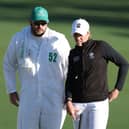 Hannah Darling talks with her caddie during the final round of the 2022 Augusta National Women's Amateur at Augusta National Golf Club. Picture: Gregory Shamus/Getty Images.