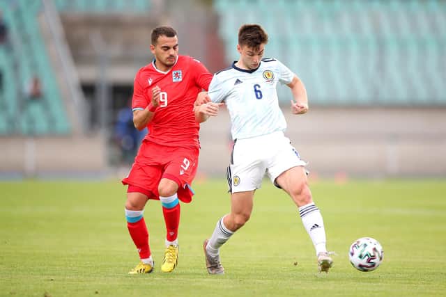 Scotland defender Kieran Tierney tussles with Luxembourg's Denel Sinani during the friendly international on Sunday evening. (Photo by Christian Kaspar-Bartke/Getty Images)