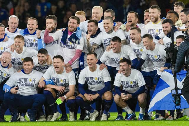 The Scotland team celebrate qualifying for Euro 2024 at full time last week against Norway.