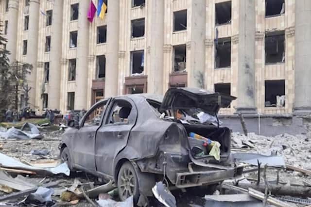 The regional administration building in the central square of Kharkiv, was targeted
