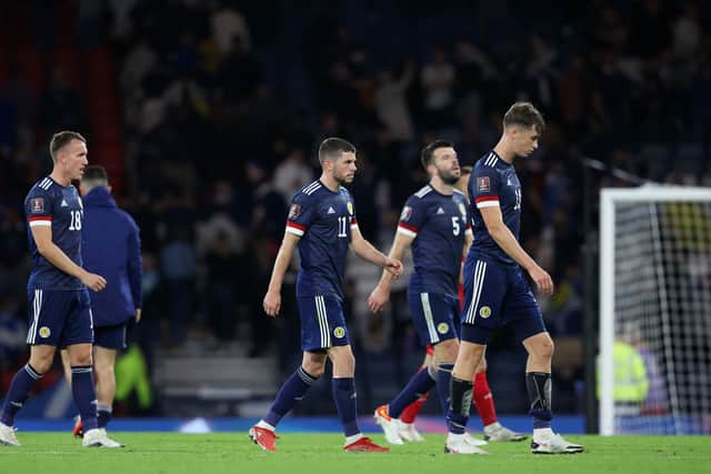 Scotland's players at full time during a World Cup qualifier match between Scotland and Moldova.