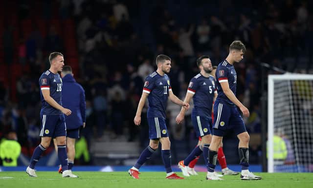 Scotland's players at full time during a World Cup qualifier match between Scotland and Moldova.