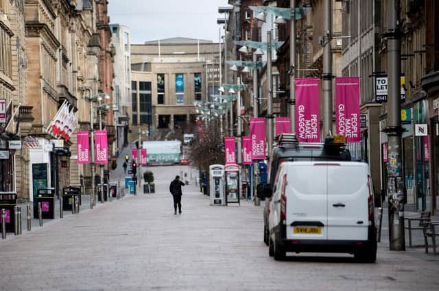 An almost empty Buchanan Street in the centre of Glasgow as people observe the spring 2020 lockdown. Non-essential stores were closed again more recently under tighter restrictions, hammering trade. Picture: John Devlin