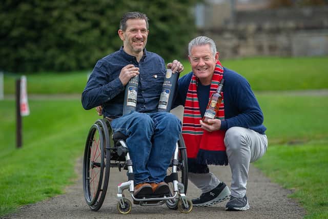 Scottish Rugby legend Gavin Hastings and Struan Kerr-Liddell, who was left paralysed after injuring himself during a game of rugby, were at Watsonians Football Club to announce the release of a pair of charity whiskies by Loch Lomond Distillery.