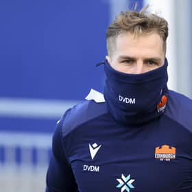 Edinburgh winger Duhan van der Merwe wraps up at training ahead of the 1872 Cup first leg with Glasgow Warriors at Scotstoun. (Photo by Ewan Bootman / SNS Group)