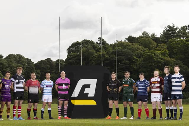 Ayr’s Blair MacPherson, Currie Chieftains’ Charlie Brett, Edinburgh Accies’ Jamie Loomes, Glasgow Hawks’ Paul Cairncross, Hawick’s Shawn Muir, Heriot's’ Ruaridh Leishman, Kelso’s Keith Melbourne, Marr’s Colin Sturgeon, Melrose’s Donald Crawford, Musselburgh’s Robert Stott, Selkirk’s Andrew McColm and Watsonian FC’s Craig Davidson during the launch of the 2024/2025 Arnold Clark Premership season at Currie Chieftains RFC.  (Photo by Ross MacDonald / SNS Group)