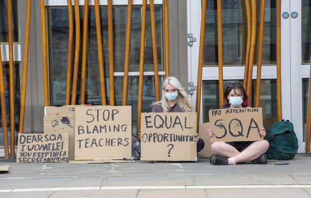 Students protest outside the Scottish Parliament earlier this month about issues with this year's exams. PIC: Lisa Ferguson.
