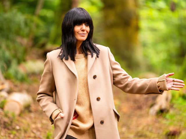 The Traitors Claudia Winkleman does country luxe in a cream Gucci coat. Picture BBC, Studio Lambert, Euan Cherry