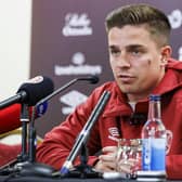 Hearts midfielder Cammy Devlin speaks to the media ahead of the second leg tie against Rosenborg.  (Photo by Mark Scates / SNS Group)
