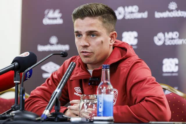 Hearts midfielder Cammy Devlin speaks to the media ahead of the second leg tie against Rosenborg.  (Photo by Mark Scates / SNS Group)