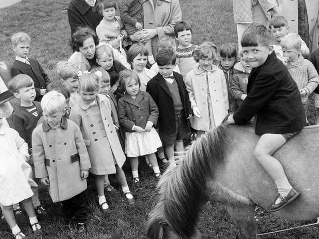 Clermiston Toddlers' Play Centre get a pony ride at the Children's Farm in Edinburgh Zoo in the summer of 1965.