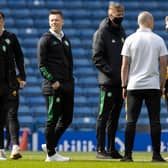 Celtic players out on the Ibrox pitch ahead the final Old Firm derby of the season against champions Rangers (Photo by Alan Harvey / SNS Group)