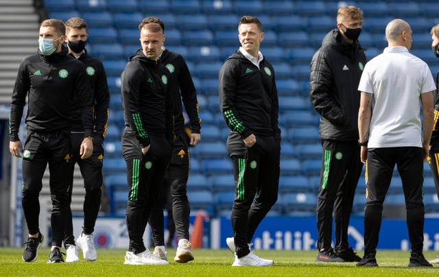 Celtic players out on the Ibrox pitch ahead the final Old Firm derby of the season against champions Rangers (Photo by Alan Harvey / SNS Group)