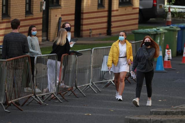 Glasgow University students queue at a pop up test centre at the Murano Street Student Village. Picture: Andrew Milligan/PA Wire