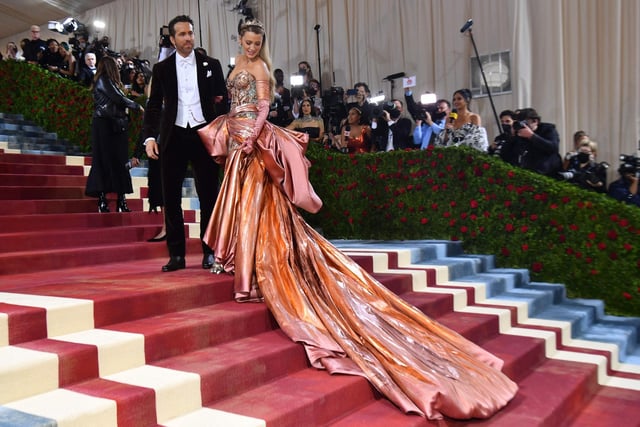 US actress Blake Lively and husband Canadian-US actor Ryan Reynolds arrive for the 2022 Met Gala at the Metropolitan Museum of Art on May 2, 2022, in New York.Photo by ANGELA  WEISS via Getty Images